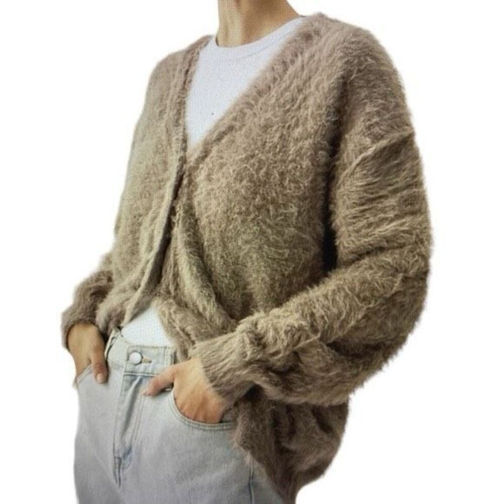 Commense Fuzzy Cardigan Sweater‎ Brown Size Large